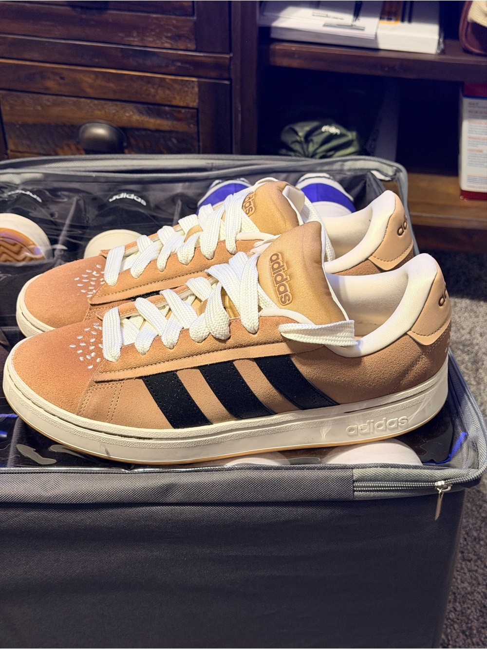 adidas Men’s Suede Sneakers in Tan with Black Stripes